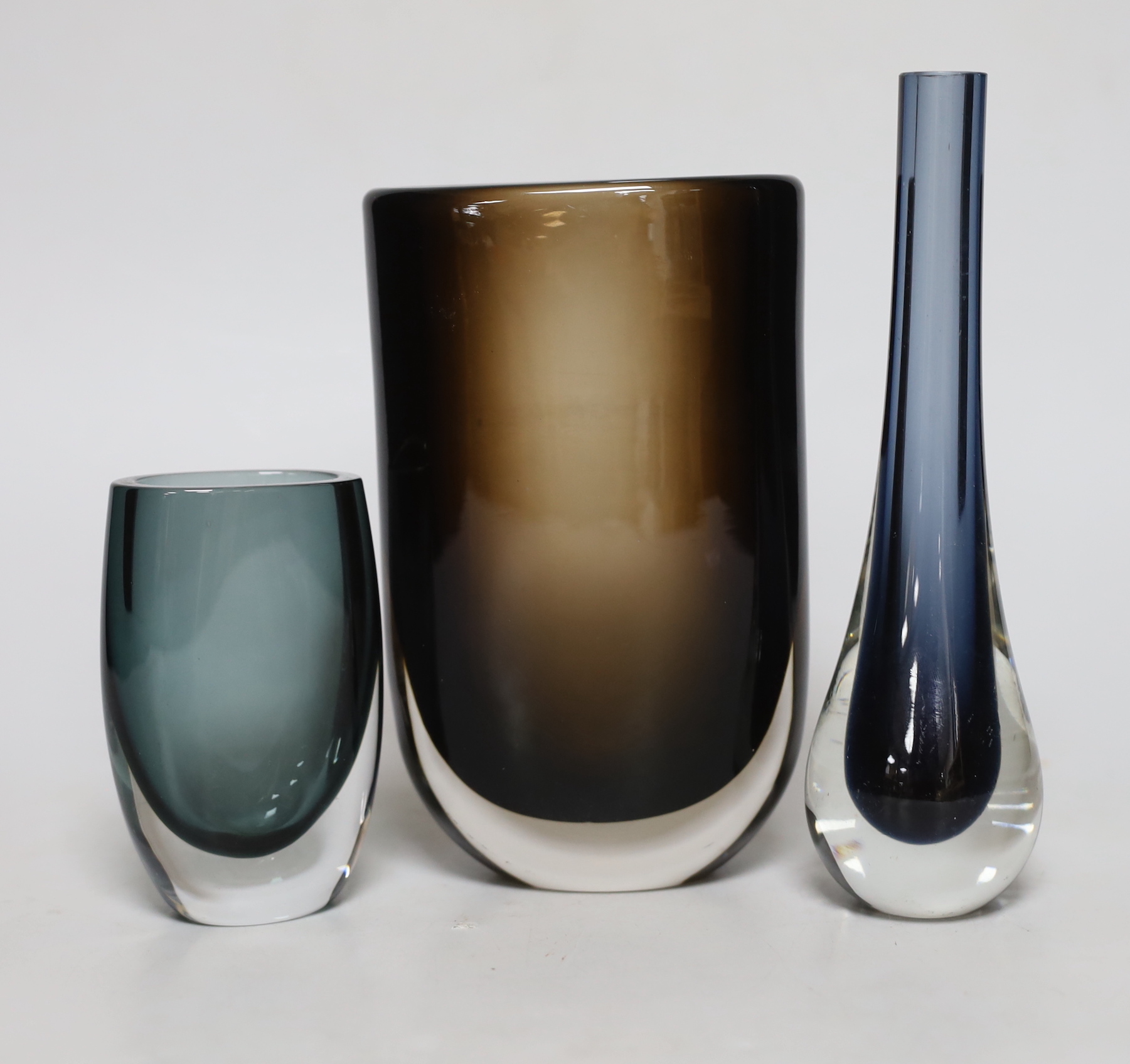 Three various Whitefriars coloured and shaped glass vases, tallest 20cm high